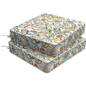 Set of 2 Outdoor Chair Cushions 20 x 20 x 4, Water Repellent Patio Seat Cushion with Removable Cover, All Weather Thick Chair Cushion for WickerSofaPatio Furniture, Paisley Botanical