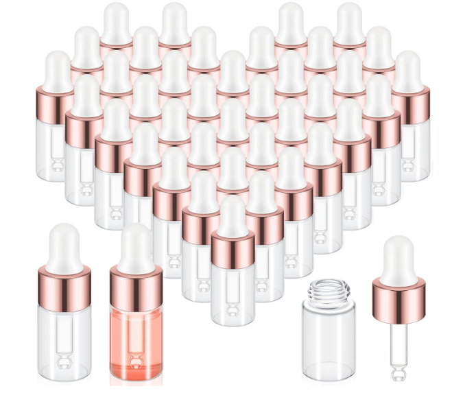 100 Pcs Mini Glass Oil Dropper Bottle Bulk, Clear Essential Small Empty Bottles Sample Containers Perfume Liquid Vials with Cap for Traveling (3 ml,Rose Gold)