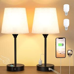 Mini Bedside Lamps for Bedrooms Set of 2 - Nightstand Bedroom Lamps with USB C Port and AC Outlet Charging, Dimmable Touch Small Bed Side Table Lamp, Black Night Stand Light for Kids/Guest Room (Beige)