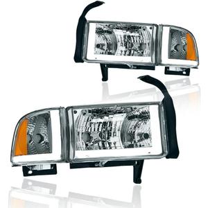 LED DRL Headlight Assembly, Headlights Kit Compatible with 1994-2001 Dodge Ram 1500/1994-2002 Ram 2500 3500(DON'T Fit SPORT Models or Ram VAN Models) Headlamp Chrome Housing Amber Reflector