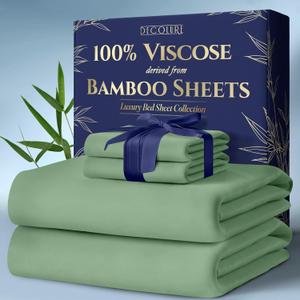DECOLURE 100% Viscose Derived from Bamboo Sheets Queen Size 4pcs - Ultra Soft & Luxuriously Cooling, 17" Deep Pocket, Double Stitching, Perfect for Hot Sleepers - Queen Bed Sheets (Sage Green)
