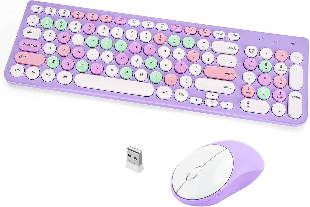 Wireless Keyboard and Mouse Combo, Retro Typewriter Wireless Keyboard with Round Keycaps, 2.4GHz USB Cute Wireless Keyboard Mouse for Computer, Desktop, Laptop (Purple Colorful)
