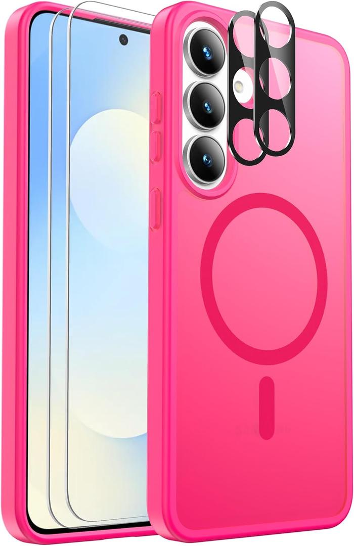 Ezanmull for Samsung Galaxy S25 FE Case Magnetic Shockproof, [Fit for MagSafe] [Glass Screen Protector + Camera Lens Protector] Translucent Anti-Fingerprint (Hot Pink)