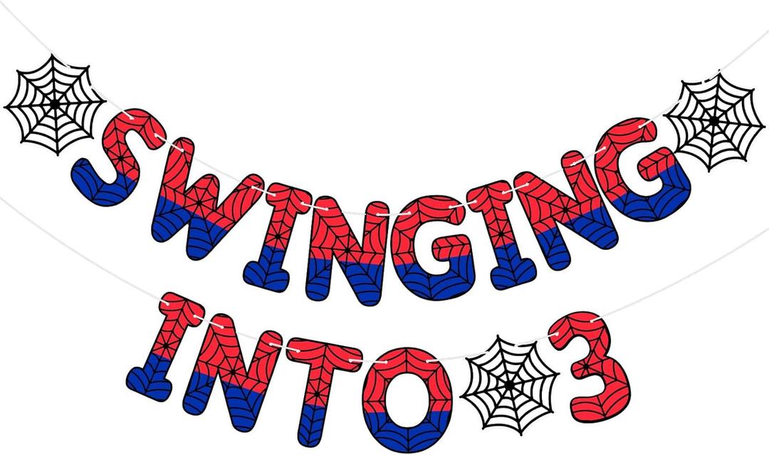 TaoBary Spider Theme 3rd Birthday Banner, Pre-strung Swinging into 3 Banner, Spider 3rd Birthday Decorations Party Supplies for Kids, Third Decor for 3 Year Old Boys Girls( Multicolor)