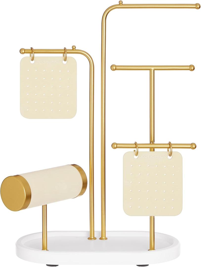 SONGMICS Jewelry Stand, Jewelry Organizer, Jewelry Display Holder with Metal Frame, 2 Earring Boards, 4 Hanging Rods, Necklace Earring Bracelet Holder, for Watches, Metallic Gold UJJS025A01