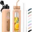 Kodrine 32oz Glass Water Bottle with Straw, Glass Drinking Bottle with 2 lids-Bamboo and Spout Lid, Leakproof Daily Water Intake Bottle with Time Marker for Home, Outdoor Sports, BPA free, Amber