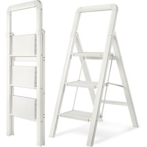 Step Ladder Folding Ladders (3 Steps, Pure White)