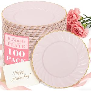 YOUBET 100 Pack Pink Scalloped Plastic Plates - 6.5 Inch Pink Disposable Plates - High End Elegant Vintage Dessert Plate for Party & Weeding & Birthday Mothers Day