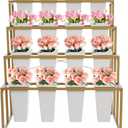 4 Layers Flower Display Stand with 16 Buckets Plant Stand with Wheels Heavy Duty Moving Flower Rack Cart Outdoor Floral Holder for Bar Patio Garden Florist (Gold Shelf & White Square Buckets)