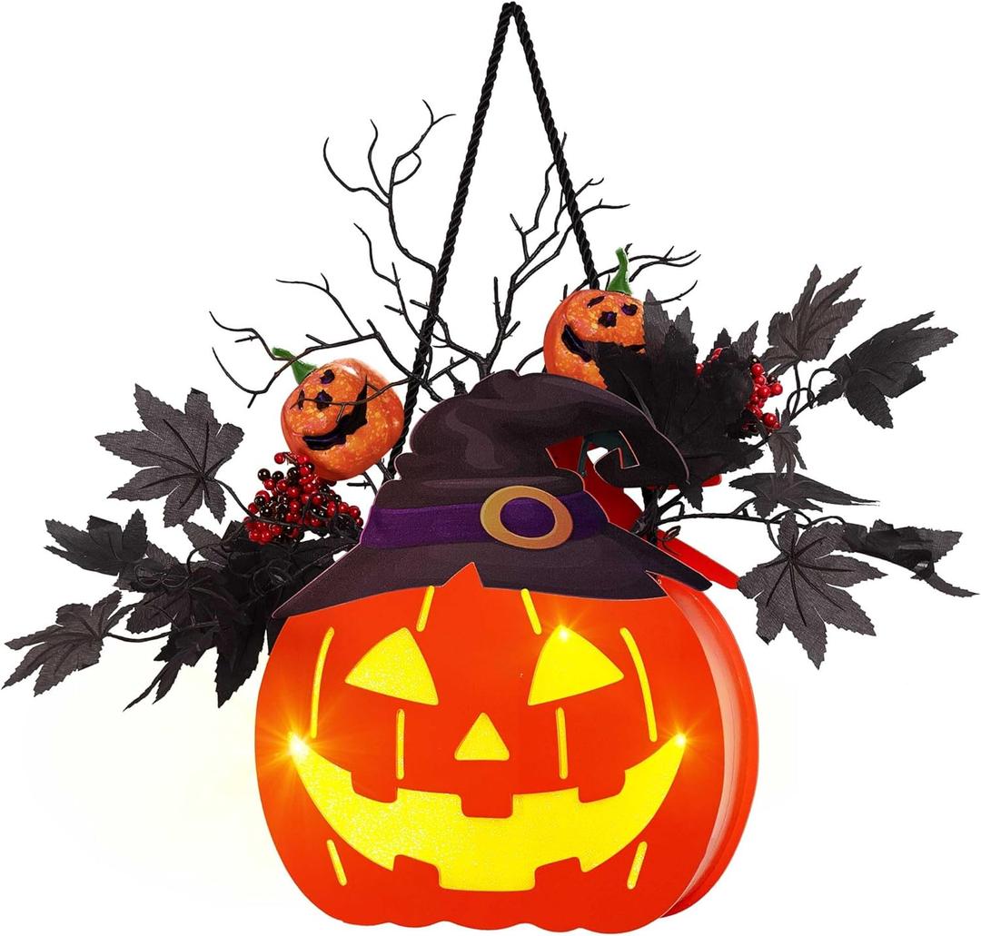 BlcTec Halloween Pumpkin Lights, 10 inch Lighted Big Jack-O-Lantern with Maple Leaves, Berries, Twigs, Witch's Hat, Battery-Operated Premium Wood Pumpkin with Timer for Halloween Decorations, Style C