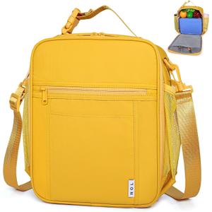 NOL Nylon Waterproof Kids Lunch Bag, Insulated Lunch Bag, Lunch box Cooler, Reusable, Zip Closure with Buckle Handle Holds Lunch Box, Snacks & Water Bottle for School Work, Earth-yellow (Vertical)
