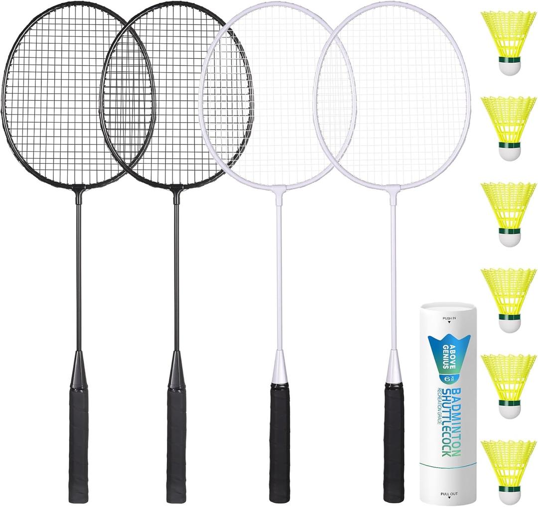 AboveGenius Badminton Rackets Set of 4 for Outdoor Backyard Games, Including 4 Rackets, 6 Nylon Badminton Shuttlecocks, Lightweight Badminton Racquets for Beginners, Large
