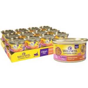 Wellness Complete Health Pate Kitten Canned Wet Cat Food, Natural, Protein Rich, Grain Free, Chicken Entrée Recipe, 3 oz, Pack of 24 Cans