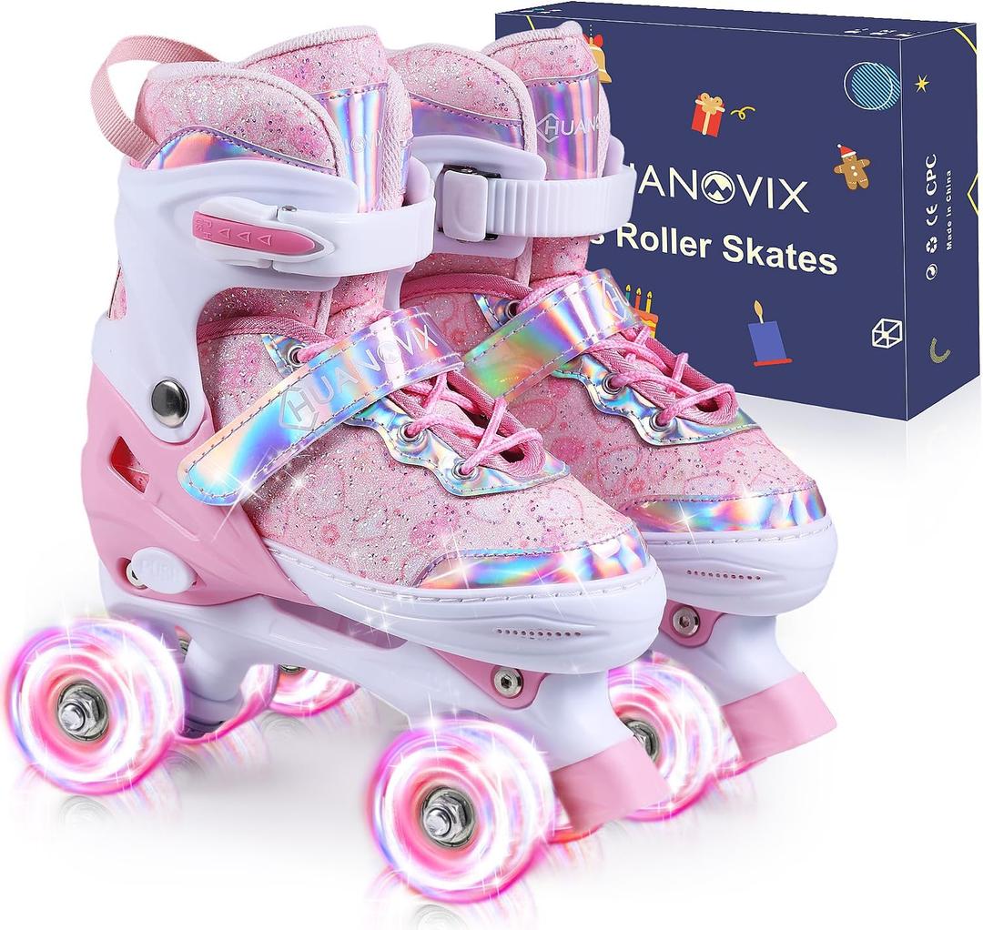 4 Sizes Adjustable Kids Roller Skates for Girls Boys Toddlers Youth Teens, 4Wheel Quad Skates with All Light Up Wheels, for Indoor Outdoor Sports (L(US 3-6/8.5-10.5 IN), Pink)