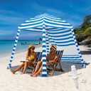 Grandekor Upgraded 6'6' Pop Up Beach Canopy Tent Dark Blue White Stripe | Beach Cabana for Family & Kids UPF 50+ Sun Shelter for Pool Camping with Sand Anchor Sidewall