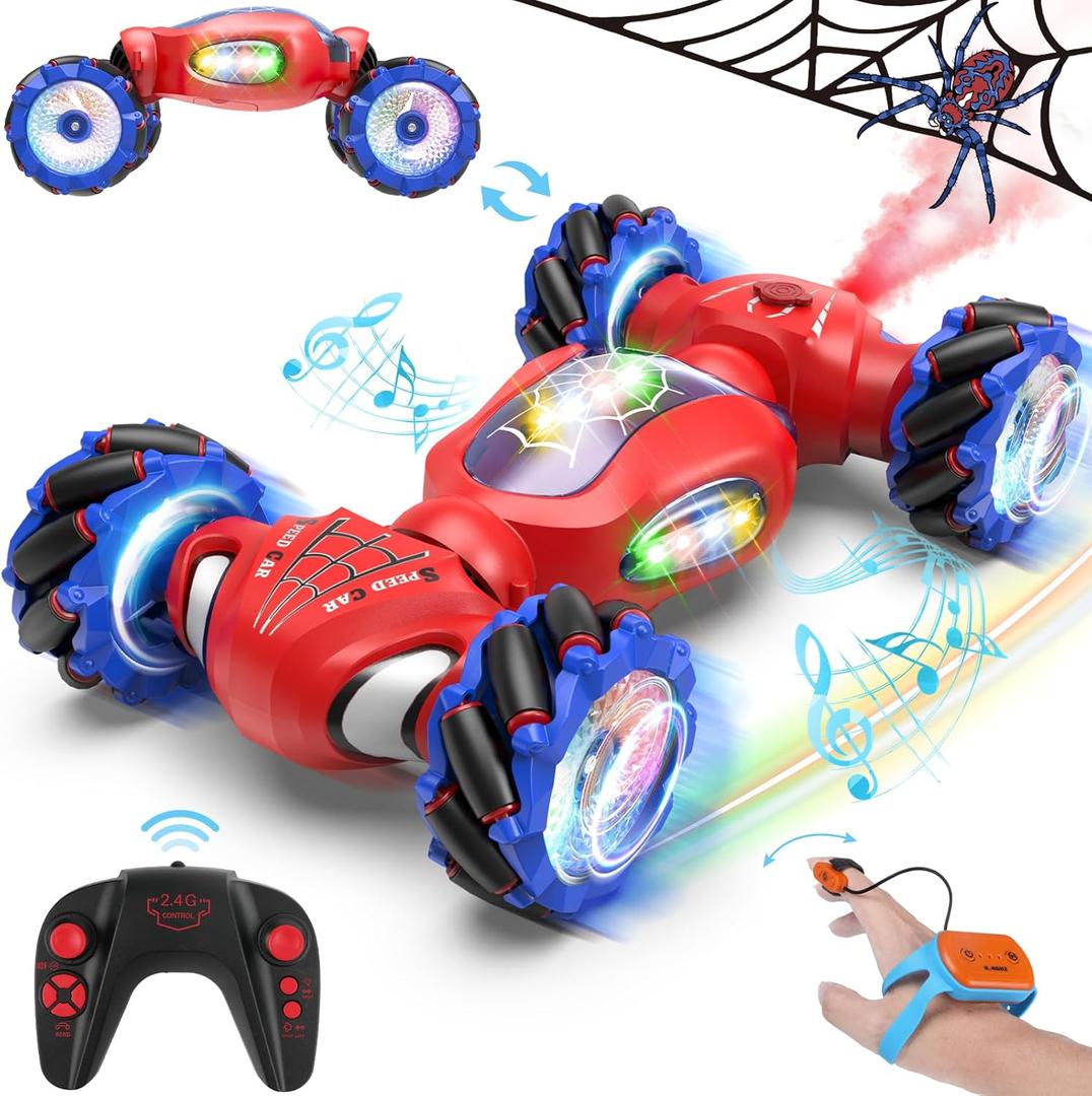 Spider Remote Control Car Toys for 6-12 Boys Girls, Birthday Gifts for Kids, 2.4Ghz 4WD Gesture Sensing RC Stunt Car with Light & Music & Spray, Double-Sided 360 Rotating Hand Control (Blue Red)