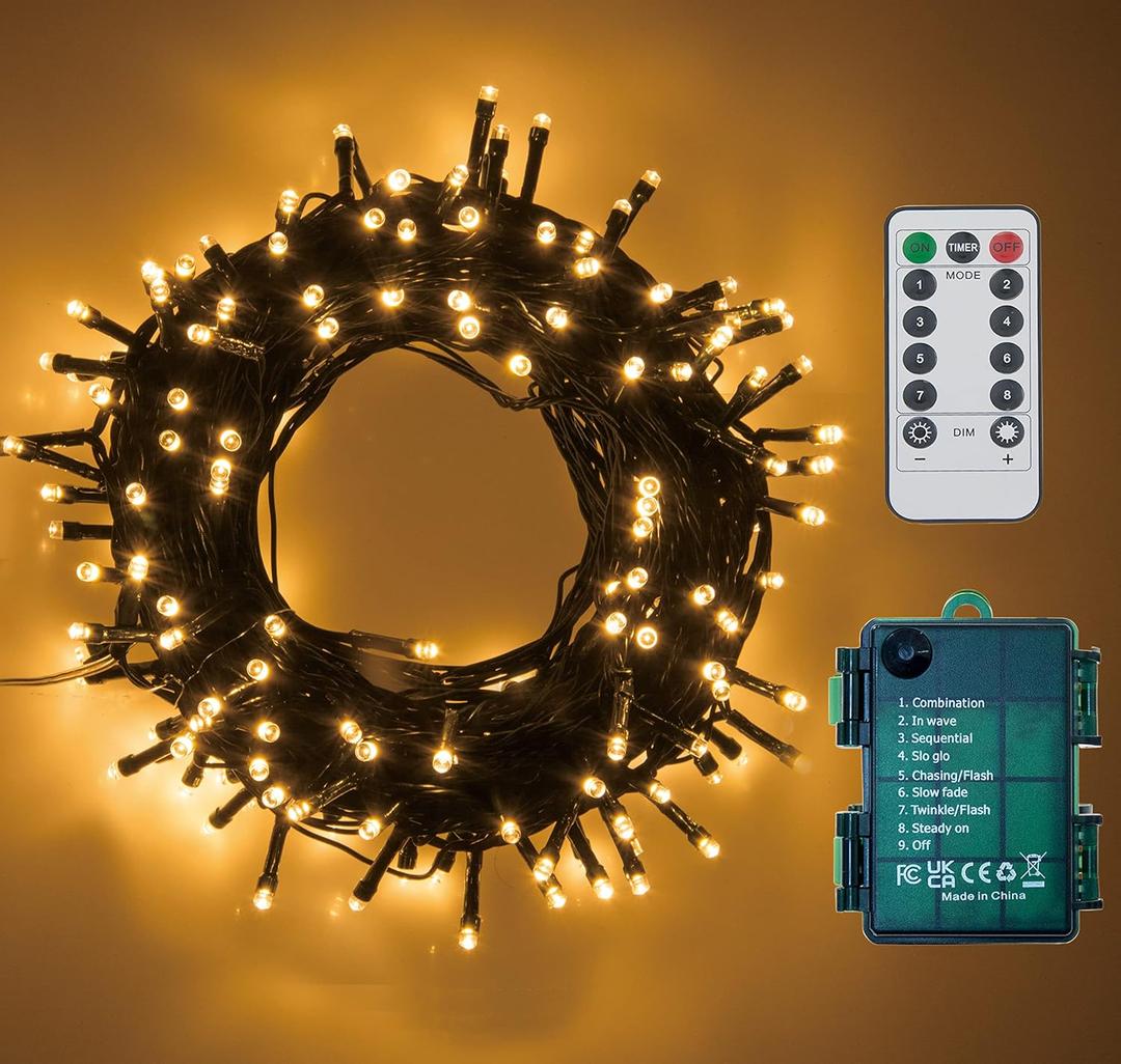 GHJ 100 LEDs Battery Operated Christmas Lights On Dark Green Cable, Waterproof Indoor/Outdoor String Fairy Lights with Remote Control for Xmas Tree, Garden, Party