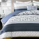 Finlonte Navy Comforter Set King Size - Cotton Boho Blue Striped Pleated Bedding Set, Floral Pattern Soft Duvet Insert, Skin Friendly Reversible Comforters with 2 Pillowshams, Navy Blue/White
