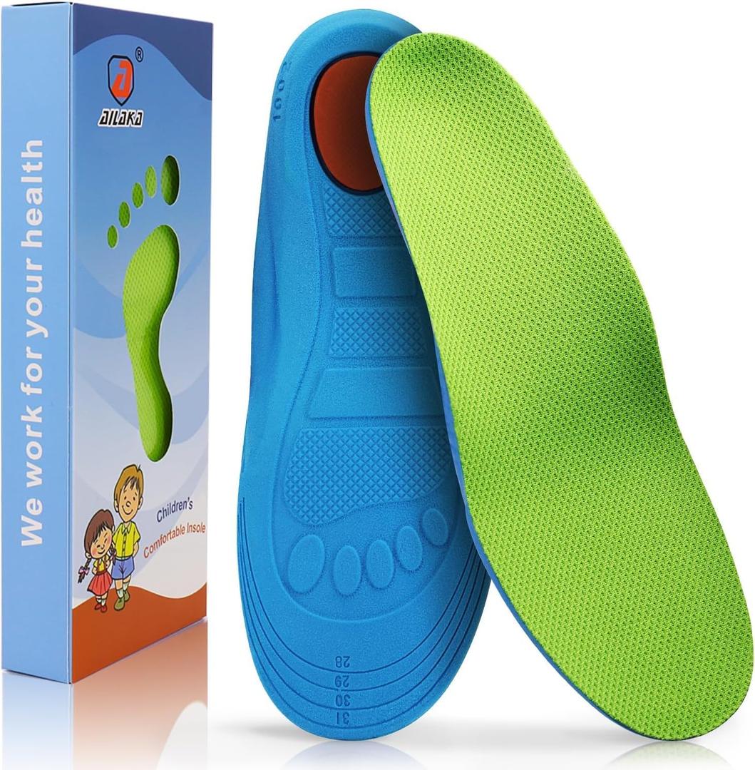 Ailaka Kids Orthotic Athletic Elastic Shock Absorbing Insoles, Comfortable Arch Support Sports Inserts for Running Walking (12-1.5 US Little Kid, Green)