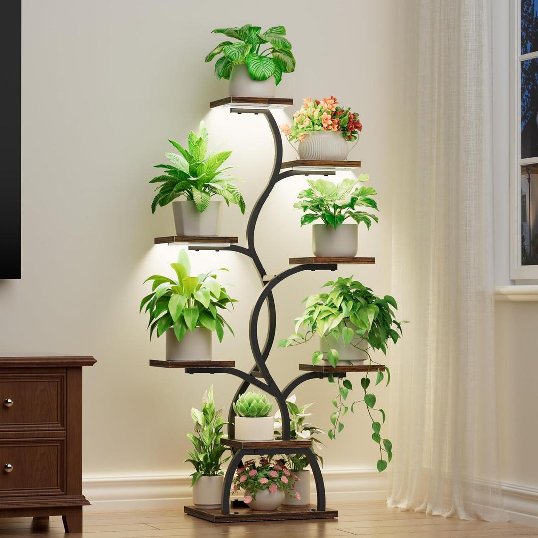 Plant Stand Indoor with Grow Light - 8 Tiered Plant Shelf Indoor, Corner Plant Stand, 49" Tall Plant Shelf with Lights for Indoor Growing, Lighted Flower Holder for Living Room, Balcony, Black