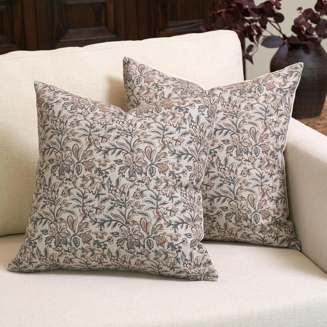 Amor Virisso Floral Throw Pillow Covers 18x18 Set of 2 Couch Pillows for Living Room Farmhouse Vintage Block Print Pillow Covers Decorative Pillow Covers Accent Sofa Pillows, Green/Sand