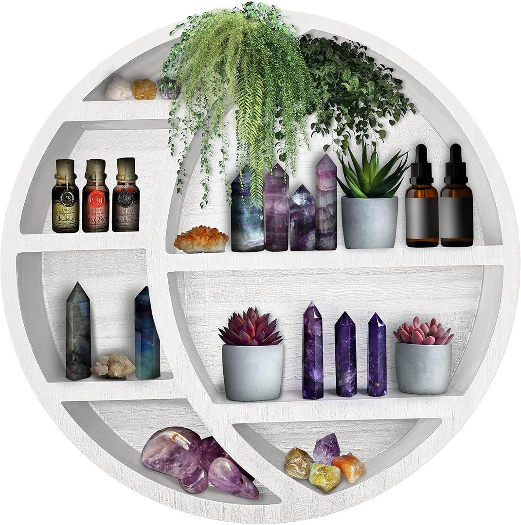 Wooden Crescent Moon Shelf Wall Decor - Decorative Boho Home Hanging Display Shelf for Bedroom, Dorm, Nursery - Easy Mount Storage for Crystals and Essential Oils - 14 x 14 x 3.5 (White)