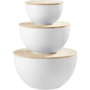 JOYMAY Salad Bowls, Mixing Bowl Salad Bowl Set, Natural Bamboo Fiber Serving Bowl Set of 3 with Bamboo Wood Lid, Nesting Bowls for Salads,Pastas(White,10",8",6")