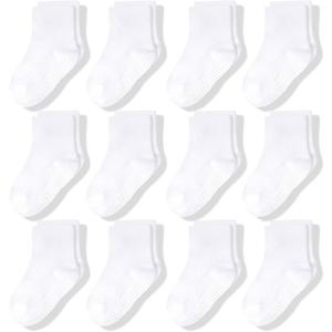 CozyWay Baby & Toddler Socks With Grippers Non Slip Crew Grip Socks for Girls and Boys Soft Comfy Cotton - 12 Pack (3-5T, White)