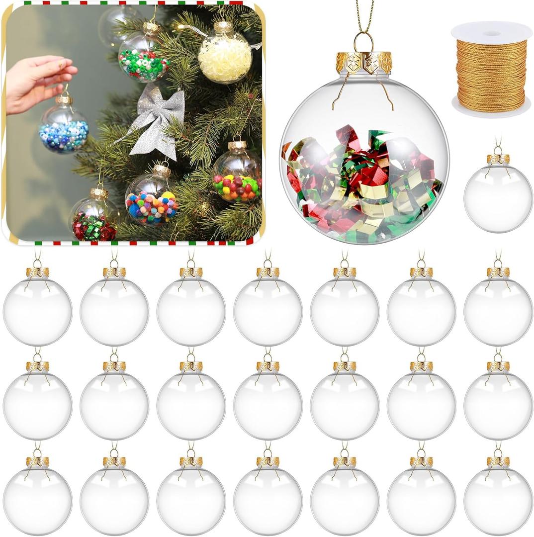 Wettarn 50 Pcs 3.15 Inch Christmas Plastic Fillable Ornaments, Transparent DIY Craft Rainbow Ball with Lid and Rope, Xmas Hanging Ornament for Party Wedding Home Decor (Clear)