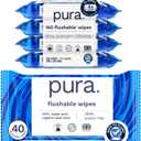 Pura XL Flushable Adult Wipes Unscented Extra Large Wet Wipes with Aloe Vera & 99% Water, Sensitive Skin, 4 Pack of 40 (160 Wipes), Personal Hygiene Toilet