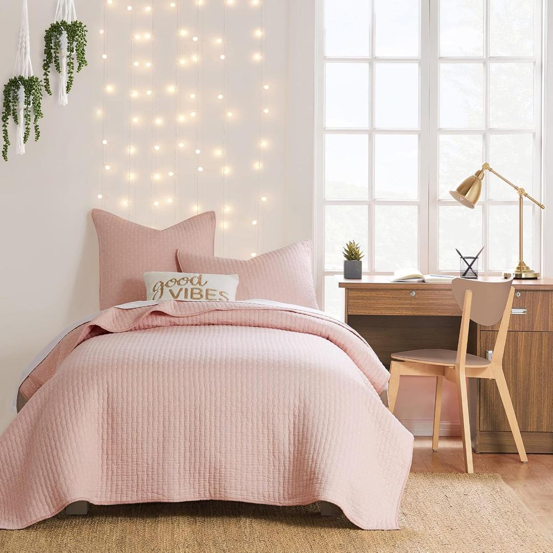 Levtex Home Cross Stitch Reversible Twin XL/Twin Quilt Set (68x86in) with 1 Pillow Sham (26x20in) - Stitch Texture - Blush - Cotton Twin/Twin Size Quilt Bedding Set - Lightweight, Soft, Pre-Washed