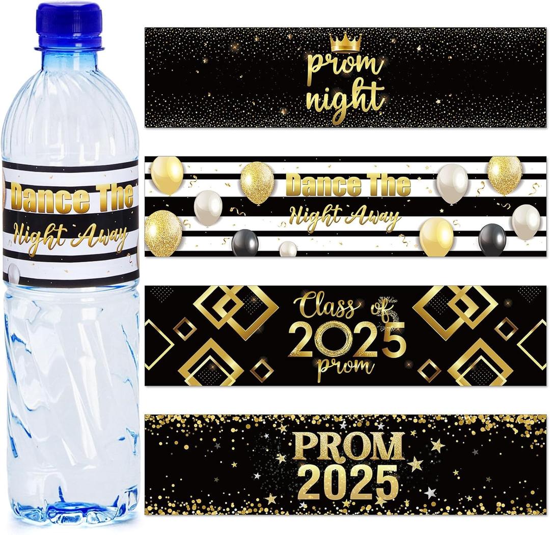 100 Pcs Prom Night Water Bottle Labels Graduation Waterproof Water Bottle Sticker Grad Labels Decal for Graduation Party Favor Table Decoration College High School Senior, 4 Designs