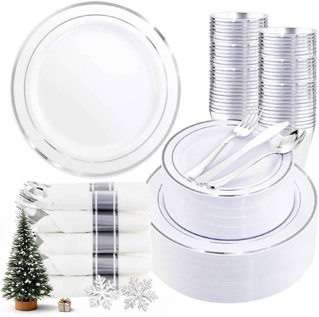 350Piece Silver Plastic Dinnerware Set for 50 Guests - Silver Plastic Plates with Cutlery Include:50Dinner Plates-50Dessert Plates-50Pre Rolled Napkins with Silverware for Christmas (White and Silver)