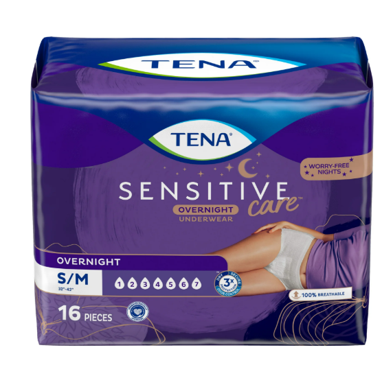 TENA Sensitive Care Overnight Incontinence Underwear for Women, S/M, 64 Count, 4 packs of 16pcs