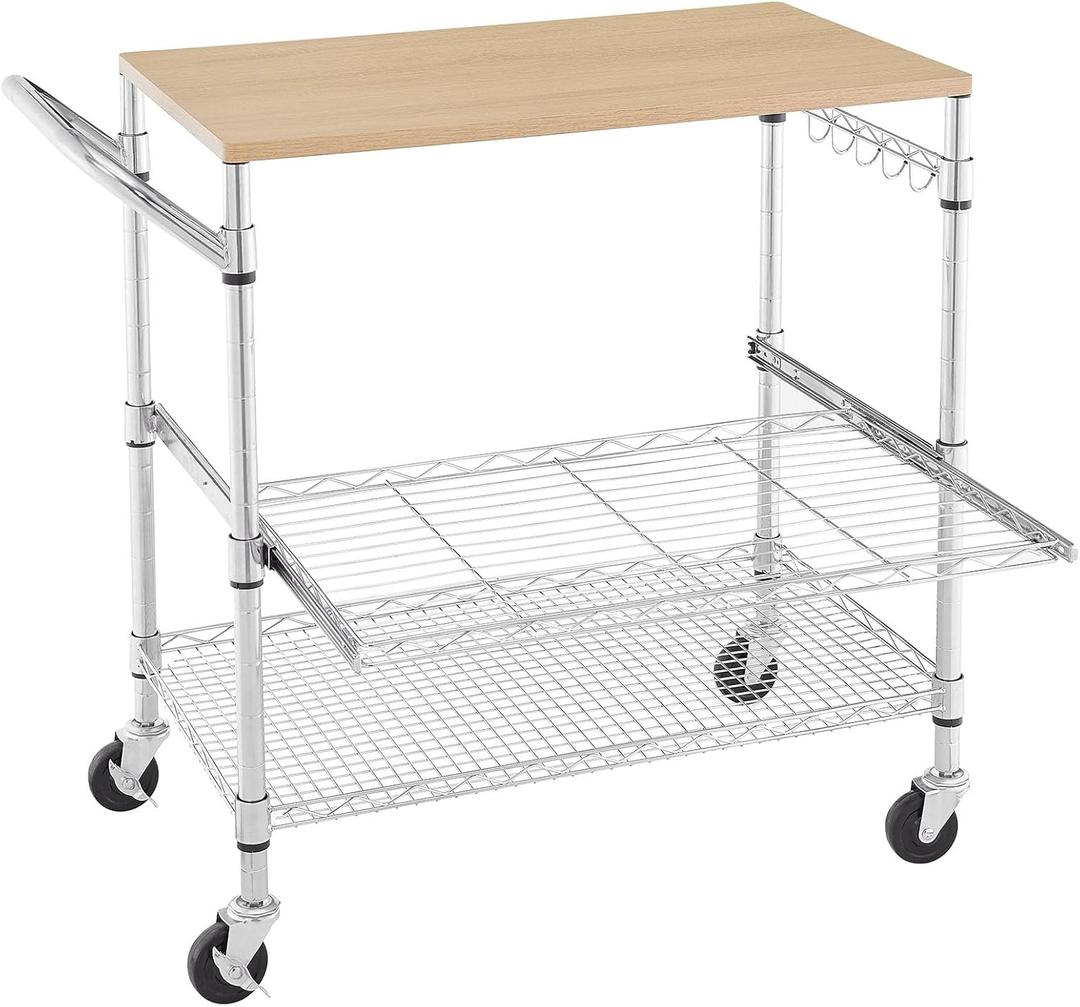 3 Tier Rolling Kitchen Cart with Wood Tabletop, Kitchen Island Carts with Wheels & Slider Shelf, Microwave Cart on Wheels, Coffee Cart with Hooks, 35.4" L*18.1" W*31.9" HWood+Chrome