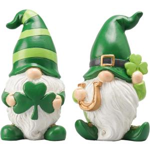 Newman House Studio St Patricks Day Decorations Gnome Dcor - 2Pc Resin Gnome Figurines with Green Shamrock Horseshoe Modern Farmhouse Dcor for Tabletop Home Dcor