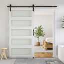 SmartStandard 42 x 84 in Glass Barn Door with 7FT Sliding Hardware Kit & Handle, Pre-Drilled Ready to Assemble, Waterproof PVC Coating, White, 5-Panel Glass