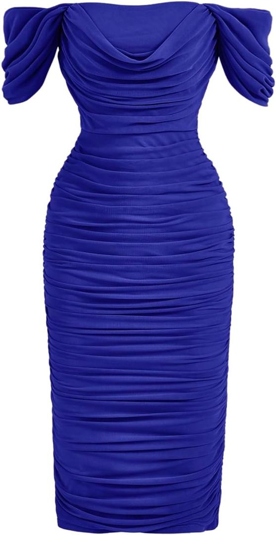 Floerns Women's Elegant Off The Shoulder Dress Draped Ruched Bodycon Party Midi Dresses (Medium, Royal Blue)