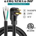 Kanayu 3 FT 6 AWG 3 Prong Replacement Power Cord Compatible with NEMA 6-50P 50 Amp 250V Welder Extension Cable with Open End for Welder Dryer Garage Heater Generator, ETL Listed