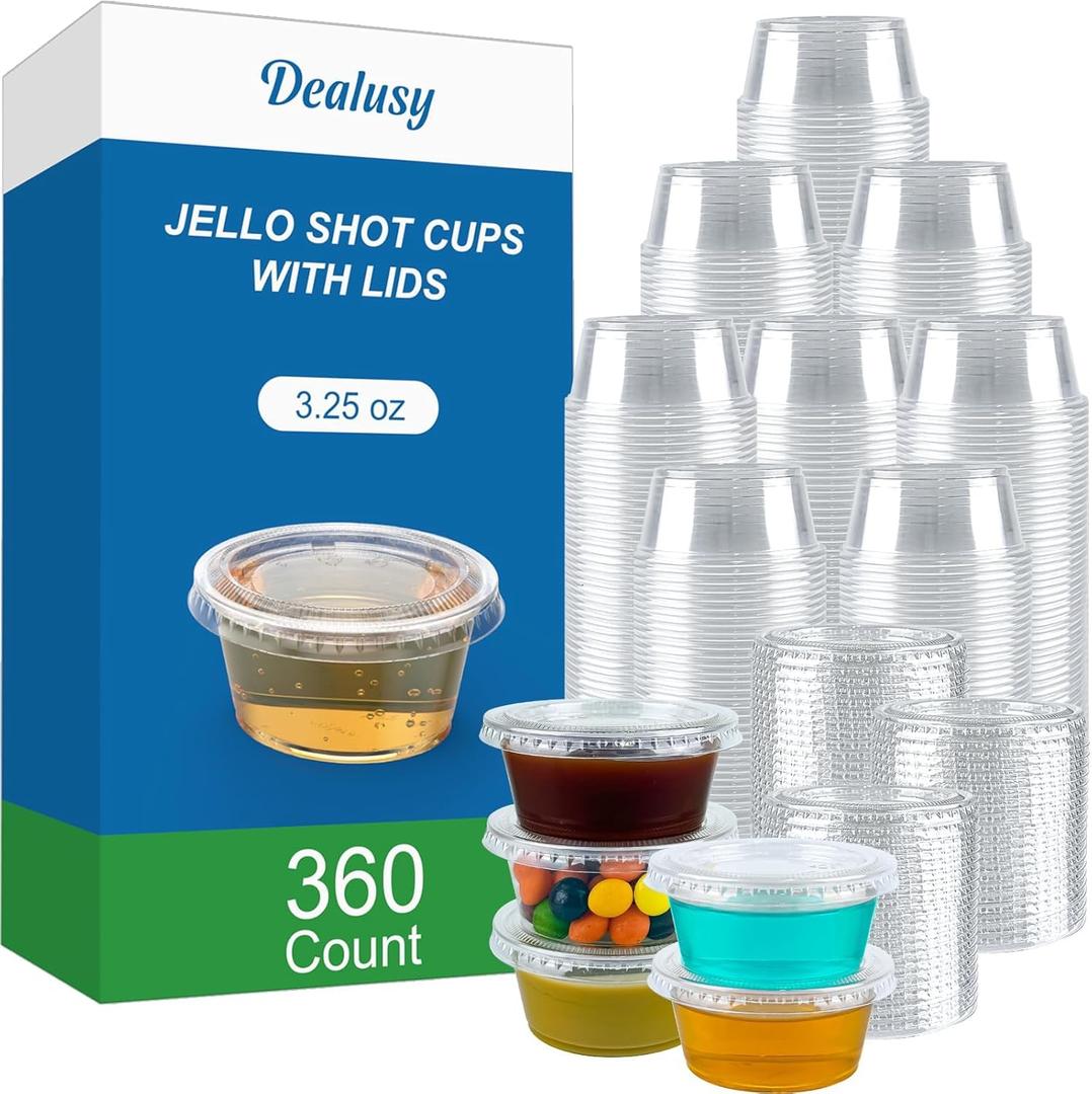 360 Set 3.25 oz Jello Shot Cups with Lids, Sturdy & Food Safe Disposable Plastic Portion Condiment Dipping Sauce Cups, Small Containers for Salad Dressing