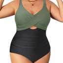 Daci Plus Size One Piece Swimsuits - Tummy Control Bathing Suit for Women Cutout Swimwear (Green Black, 14W)
