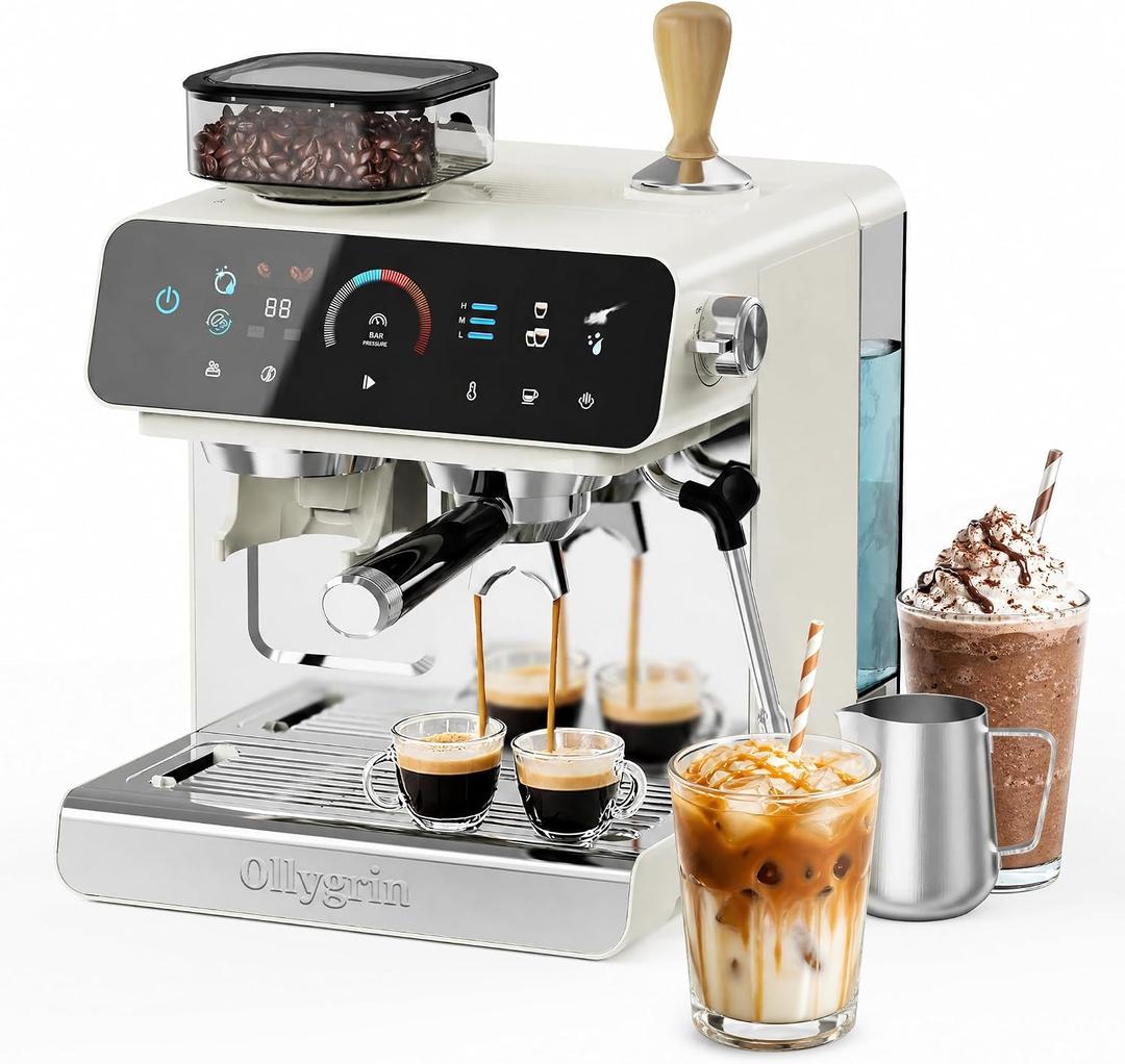 Ollygrin Semi-Automatic Espresso Machine with Grinder, Espresso Machine with 35 Grind Levels, Espresso Maker with Removable Bean Hopper, Cappuccino Machine with Milk Frother,Ivory Beige