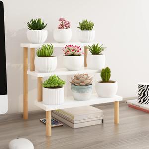 Windowsill Plant Stand Shelf 3 Tiers Desktop Organization and Storage Shelf Bathroom Countertop Corner Cupcake Display Stand for Table Wood Ladder,White
