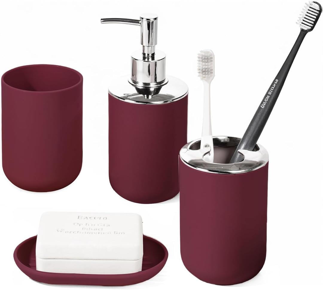 Bathroom Accessory Set, 4 Pcs Plastic Bathroom Set Include Soap Dispenser, Soap Dish, Toothbrush Holder, Mousewash Cup, Modern Bahtroom Dcor Set, Space Save for Bathroom(Burgundy)