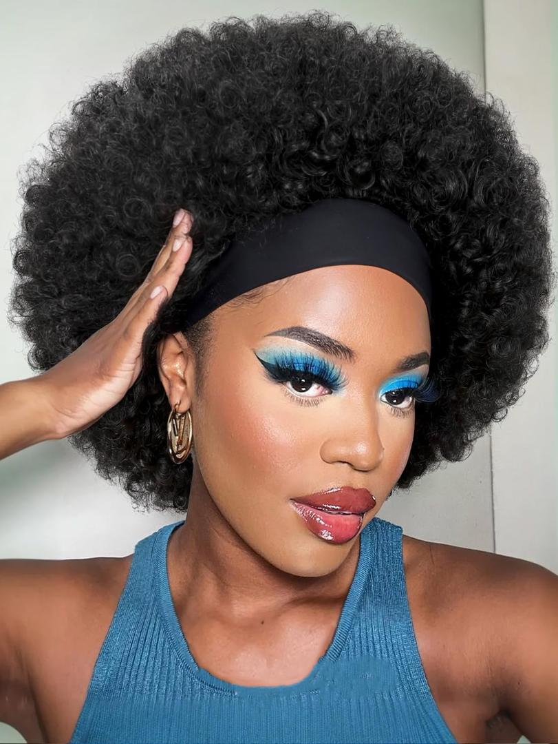 quickwig Afro Headband Wig Natural Black Short Afro Kinky Curly Wigs with Headbands Attached Glueless Synthetic Wear and Go for Black Women Fluffy Bouncy Afro Wigs for Daily Party