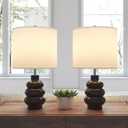17.5" Black Ceramic Gourd Table Lamps Set of 2, Touch Control Farmhouse Lamps for Nightstand Living Room, Small Rustic Bedside Lamp for Bedroom Desk End Table Office with Linen Shades