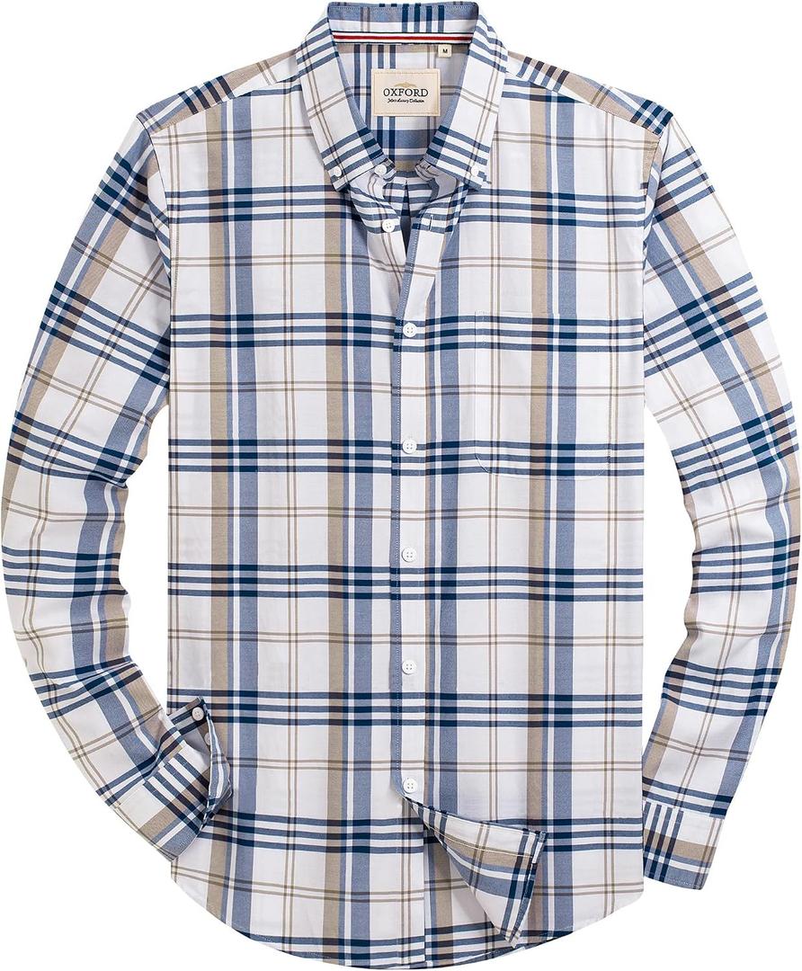 Alimens & Gentle Mens Solid Oxford Shirt Long Sleeve Dress Shirt Work Casual Button Down Shirts with Pocket, Standard, X-Large, Check-light Blue & White