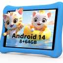 Kids Tablet for Kids 3-7: 10 inch Android 14 Tablet 6000mAh, 8GB+64GB+1TB Expandable for Toddler with Kids Space, Parental Control, HD, Dual Camera, WiFi, Shockproof Case, Screen Protector (Blue)
