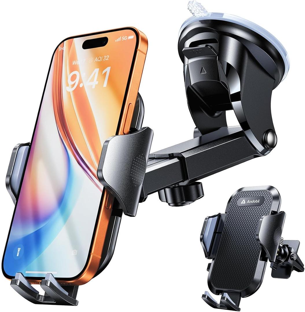 andobil True Military-Grade Phone Holders for Your Car 89+ LBS Strongest Suction & Clip 2026 Ultimate Car Phone Holder, Dashboard Windshield Vent Cell Phone Car Mount for iPhone Sumsung Android