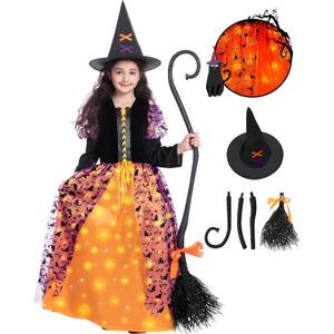 Poshetion Witch Halloween Costume for Girls, Light Up Witch Dress Deluxe Outfit with Hat and Broom, for Halloween Party (XL)